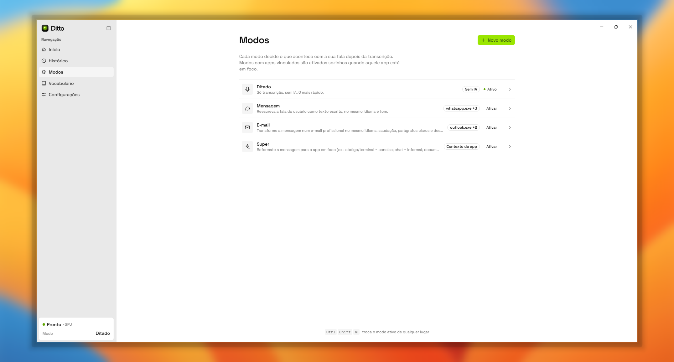 Janela do Ditto na tela Modos: Ditado, Mensagem, E-mail e Super